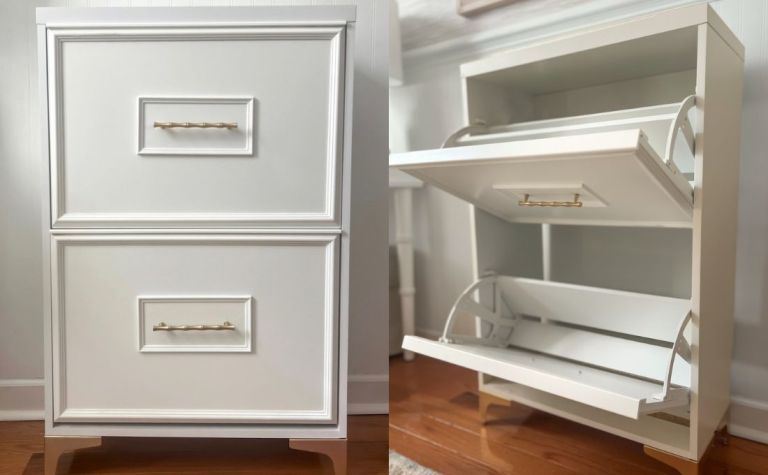 Side-by-side view of DIY shoe storage cabinet makeover, showing the cabinet closed and open with organized shoes inside