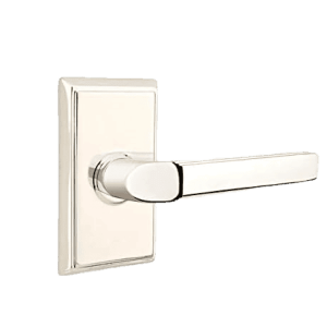 Slim Emtek Milano interior door lever in nickel finish.