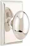 A polished oval door knob attached to a rectangular backplate.