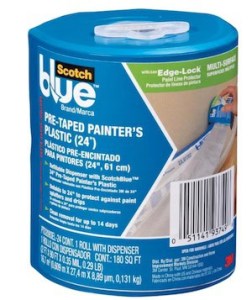 Pre-taped plastic sheeting for quick masking of windows, trim, and furniture.