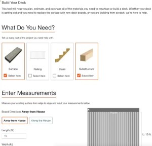 Screenshot of a deck building tool displaying options for surface, railing, stairs, and substructure, along with sections to enter measurements.