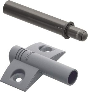 Image of two types of ROK Universal Soft Close Dampers, one cylindrical and one flat, used for cabinet doors.