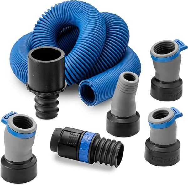 A set of various vacuum hose attachments and connectors alongside a flexible blue vacuum hose, designed for efficient dust collection in DIY projects.