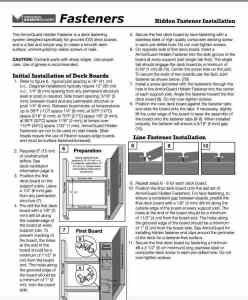 Instructional document on hidden fastener installation for deck boards, including preparation steps and specific board placement.