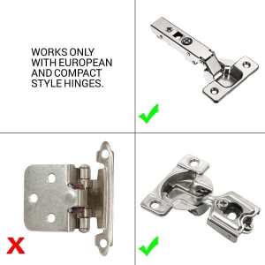 A comparison image showing different types of cabinet hinges: the top left labeled with a red 'X' indicating incompatible hinges, and the top right with a green checkmark indicating compatible European and compact hinges. The bottom left shows another incompatible hinge, and the bottom right features another compatible hinge.