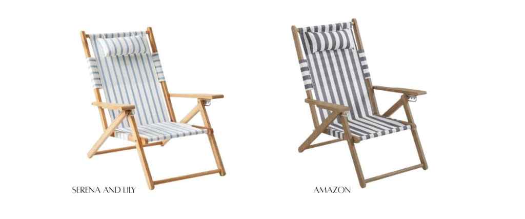 Comparison of two outdoor chairs side by side featuring a light striped fabric and the other with a darker striped fabric, both with wooden frames.