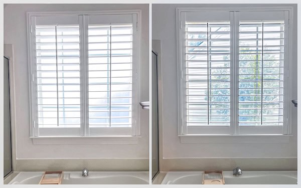 Side-by-side comparison of a bathroom window with plantation shutters: before frosted glass window film for privacy