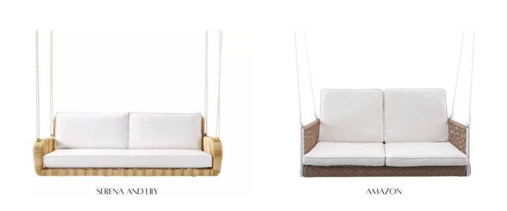 Side-by-side comparison of hanging daybeds, both featuring neutral color cushions and similar design elements.