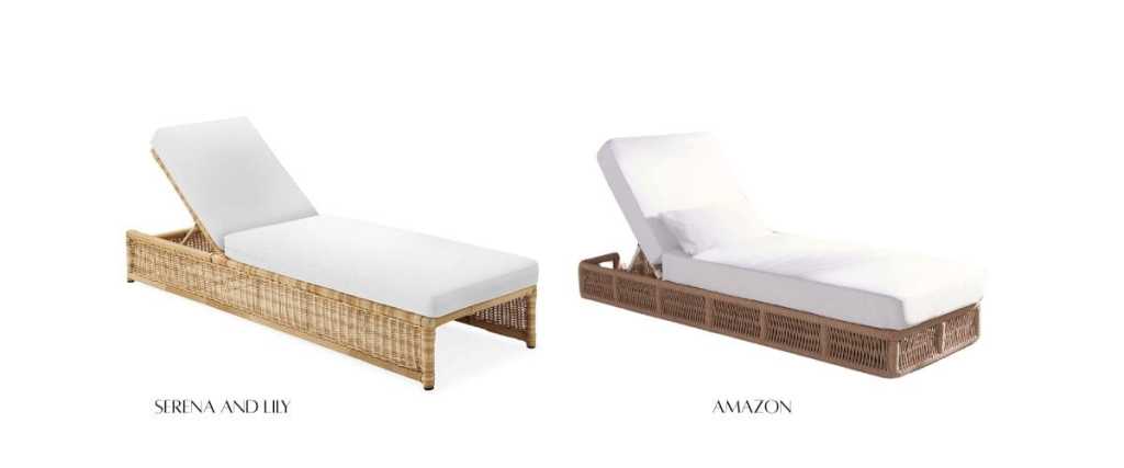 Comparison of two chaise lounges: a high-end Serena and Lily style on the left and a budget-friendly Amazon alternative on the right, both featuring white cushions and woven frames. 