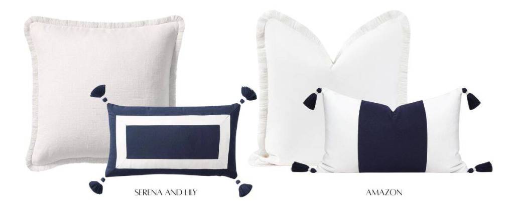 Comparison of outdoor pillows from Serena and Lily and Amazon, showcasing different designs and styles.