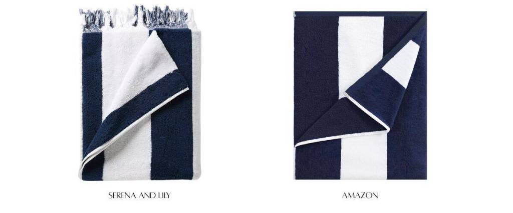 Split image comparing two beach towels: on the left, a striped towel from Serena and Lily featuring navy and white colors; on the right, an Amazon version displaying similar stripes and colors.
