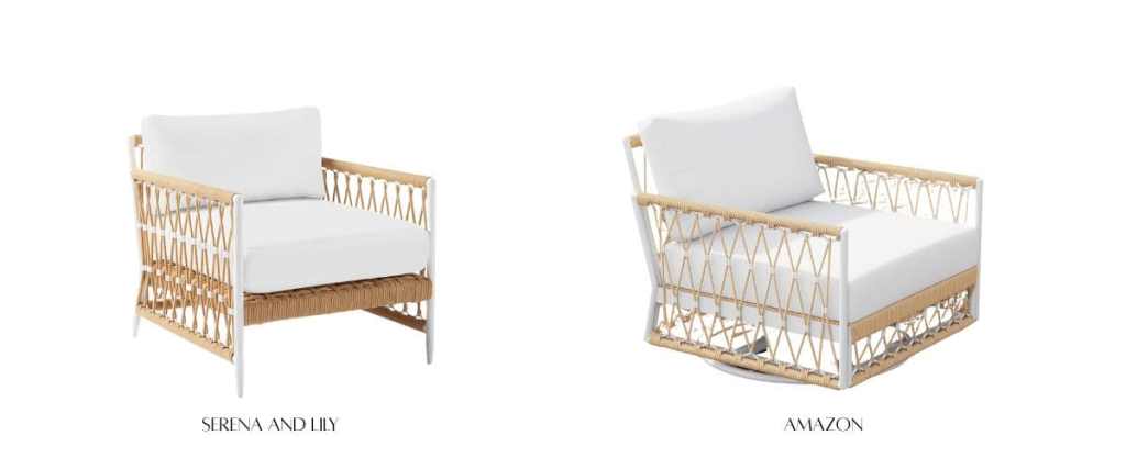 Comparison of two lounge chairs: one from Serena and Lily featuring a woven design and white cushions, and an Amazon alternative with a similar style and color scheme.