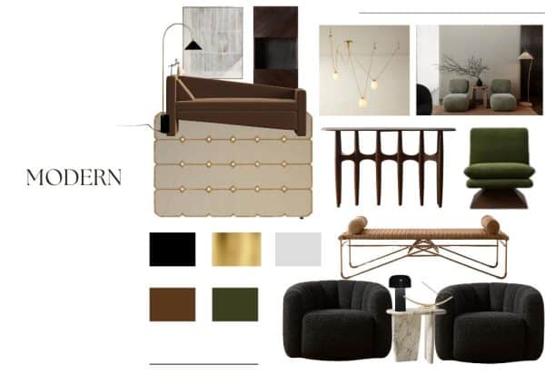 A collage showcasing modern interior design elements including furniture, lighting fixtures, and color swatches, labeled 'MODERN'.