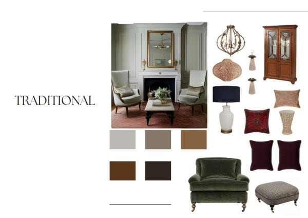 Collage showcasing traditional interior design style with a cozy living room setup, including upholstered chairs, a coffee table, and decorative elements like a chandelier and various textiles. Color palette includes warm tones.