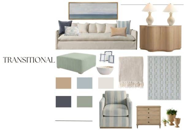 A transitional interior design mood board featuring a light-colored sofa, accent pillows, a green ottoman, a cozy throw blanket, a geometric area rug, a striped accent chair, a wooden side table, decorative plants, and a painting. Color palette includes soft neutrals and muted tones.
