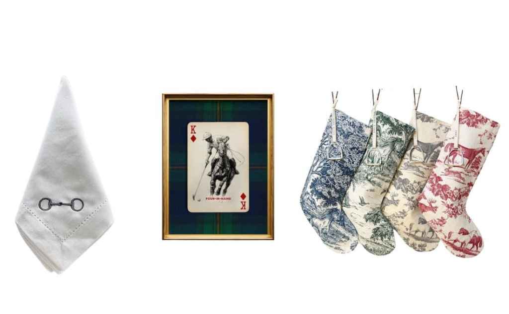 A white handkerchief featuring a button clasp, a framed playing card with a polo player, and four decorative stockings in various patterns.
