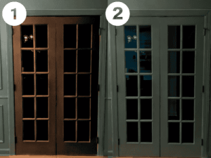 A comparison of two sets of glass-paneled doors: one is dark and the other is light-colored, showcasing differences in design and lighting.
