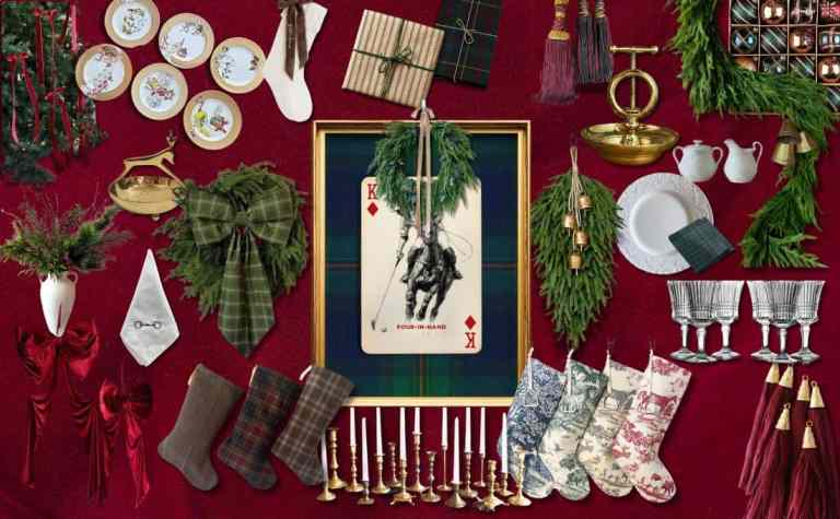 Etsy dupes for Ralph Lauren Christmas decor — tartan linens, brass candleholders, and velvet ribbon details