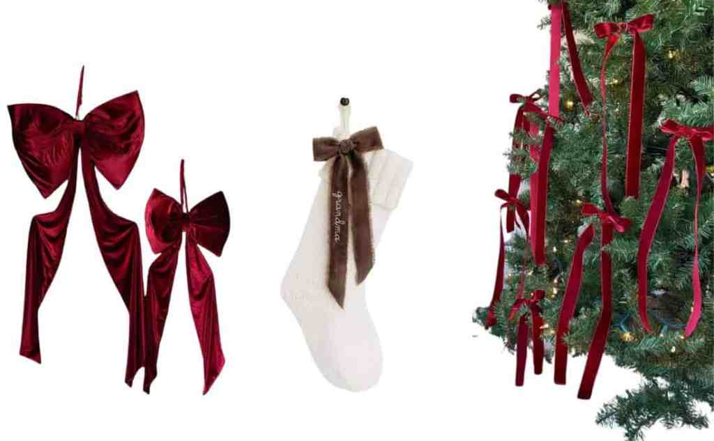 A collection of holiday decorations featuring red velvet bows on the left, a white stocking with a brown ribbon in the center, and a Christmas tree adorned with red ribbons on the right.