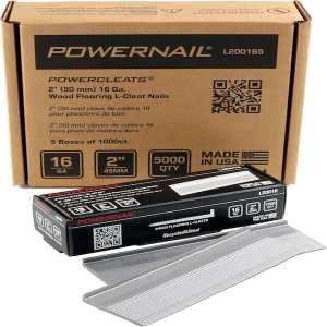 Cardboard box containing Powernail L-Cleat nails with specifications for 2" (50 mm) 16 Ga. wood flooring cleats, along with multiple nail packages.