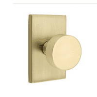 French antique brass Emtek Modern interior door knob on a rectangular backplate.