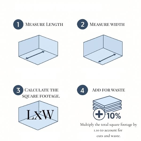 Infographic outlining four steps for measuring floor space: 1) Measure length, 2) Measure width, 3) Calculate square footage (L x W), 4) Add 10% for waste.