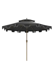 Patio umbrella with a cantilever design, featuring dark gray fabric with scalloped edges. The umbrella is positioned to the side, providing shade over a seating area
