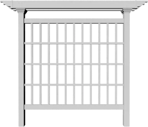 White privacy trellis designed to double as a pull-down movie screen, perfect for outdoor movie nights