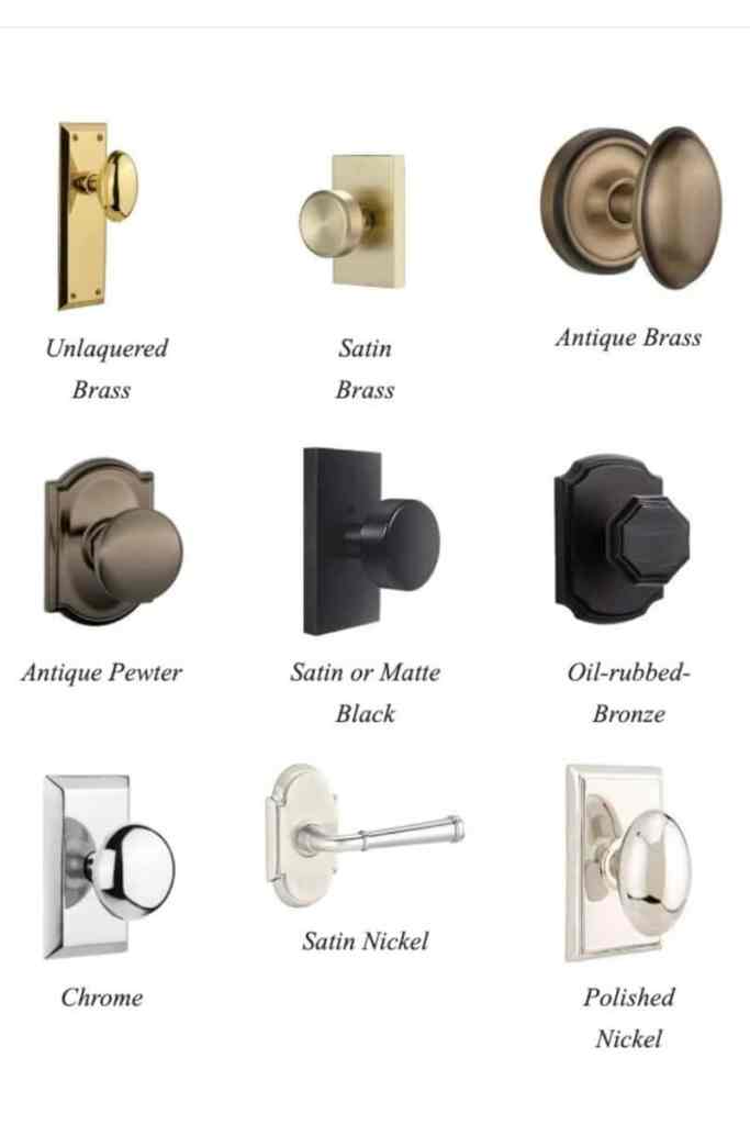A grid of various types of door knobs featuring different finishes: Unlaquered Brass, Satin Brass, Antique Brass, Antique Pewter, Satin or Matte Black, Oil-rubbed Bronze, Chrome, Satin Nickel, and Polished Nickel.