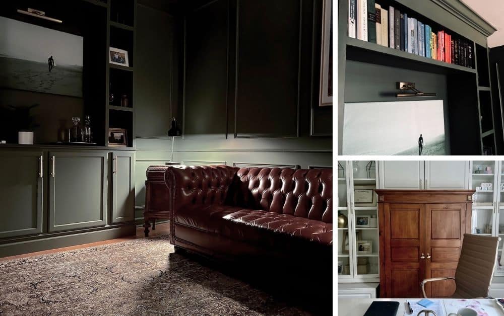 A dark green home office with DIY built in bookcases and burgundy leather chesterfield couch