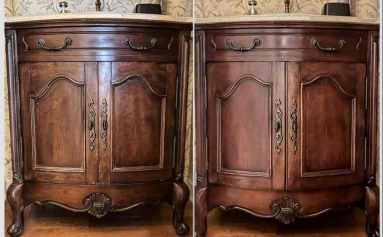 Before and after of an antique sink vanity showing wood scratch repair using Restore a Finish, without sanding or stripping.