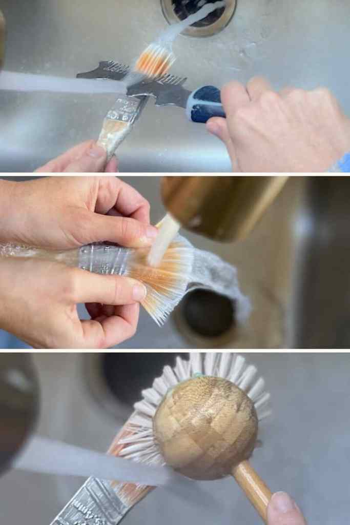 A series of images showing hands cleaning paint brushes under running water. The first image features a brush being rinsed with water flowing from a faucet. The second image shows a close-up of a hand scrubbing a brush under the tap. The third image displays another brush being cleaned, highlighting the bristles and water spray.