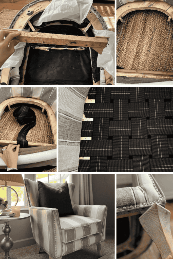 A collage of fixing a broken upholstered chair, showcasing the wooden frame and woven seat support.