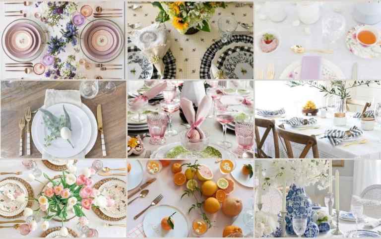 A collage of various beautifully arranged spring tablescapes showcasing different dinnerware styles, floral decorations, and seasonal elements to inspire festive table settings.