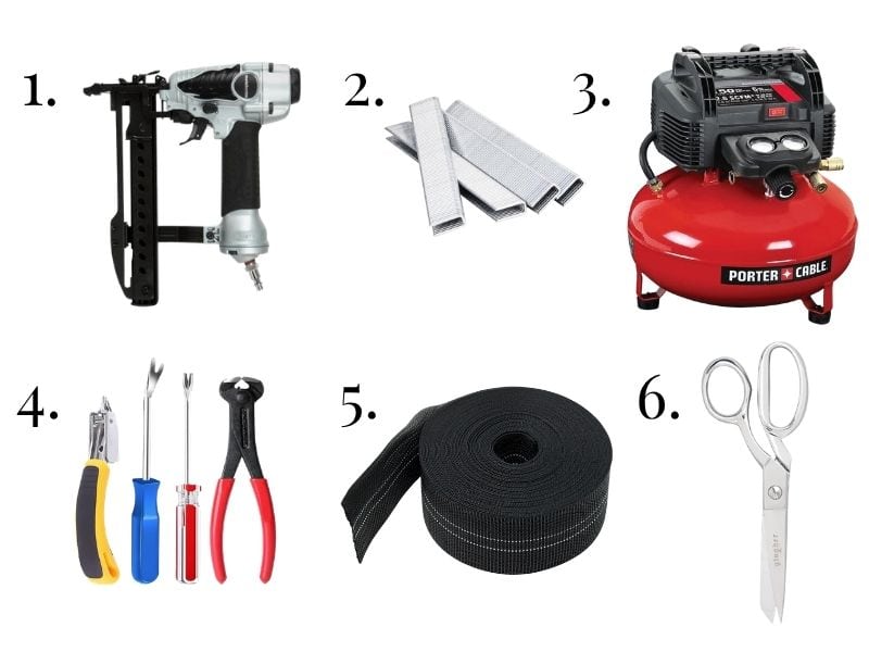 Image of a nail gun used for upholstery, upholstery staples, an air compressor, upholstery tools to remove staples and a roll of chair webbing and a fabric scissor