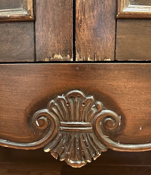 Before photo of scratched antique vanity wood showing surface wear before using Restore a Finish