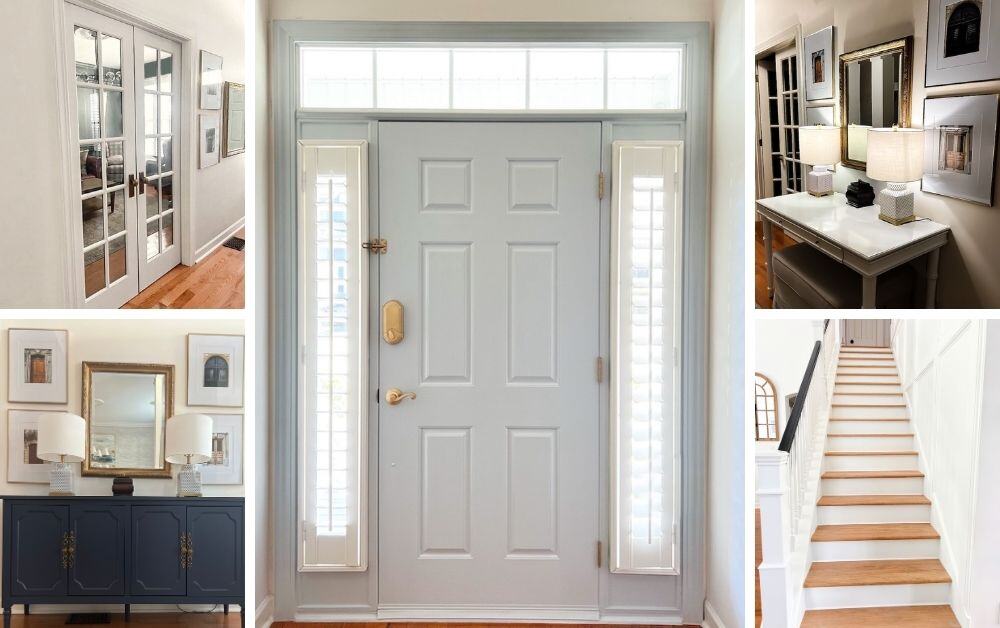 A bright entryway featuring a light blue front door with sidelights, flanked by windows and a small table with lamps and framed art. There are reflections in the glass doors leading to another room, along with a stylish console table below a mirror and an exterior view of a two-story house.