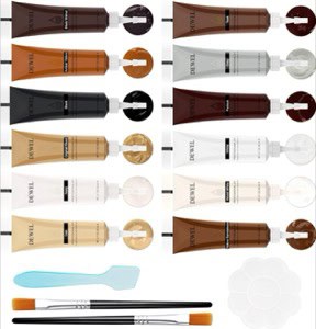 A flat lay arrangement of wood repair tools including brushes, a mixing bowl, and a spatula, arranged on a white background.