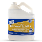 A gallon container of Klean Strip Odorless Mineral Spirits, labeled for cleaning oil-based paint, stain, and varnish, suitable for interior jobs.