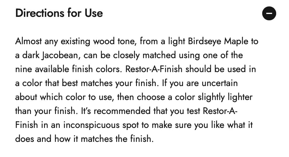 Instructions for using Restor-A-Finish on wood tones, detailing color matching and testing recommendations.