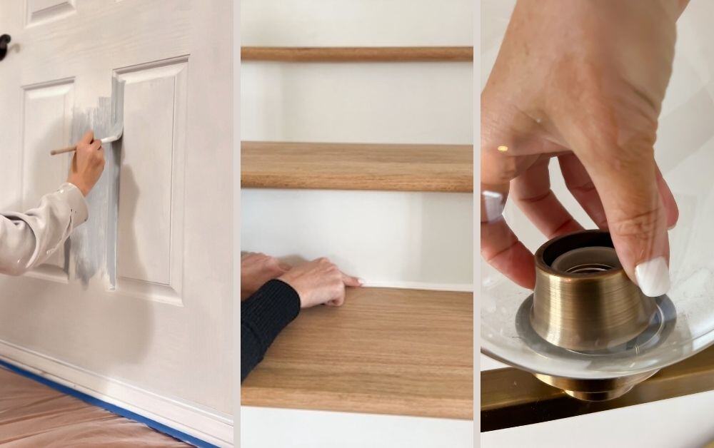 3 side by side images of DIY home improvement projects, the first image is a home project tutorial on how to paint your front door, the second image is a tutorial on adding trim to your staircase treads, and the third image is from a tutorial on how to update your bathroom vanity lights