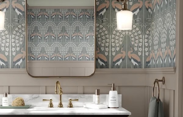 wallpaper pattern of cranes and a flowering umbrella tree with lightly varied texture.