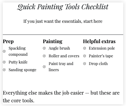 A checklist titled 'Quick Painting Tools Checklist' detailing essential painting tools under three categories: Prep, Painting, and Helpful extras. It includes items like spackling compound, putty knife, angle brush, and extension pole.