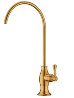 Brass faucet with curved spout and single handle for kitchen or bathroom use.