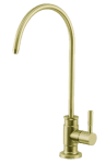 Brass faucet with curved spout and single handle, showcasing different brass finishes.