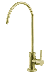 Brass faucet with curved spout and single handle, showcasing different brass finishes.