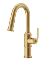 Brass kitchen faucet with curved spout and single handle.