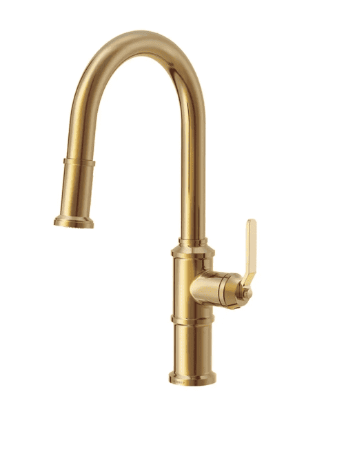 Brass kitchen faucet with a sleek, modern finish. Perfect for stylish kitchen updates and durable us.