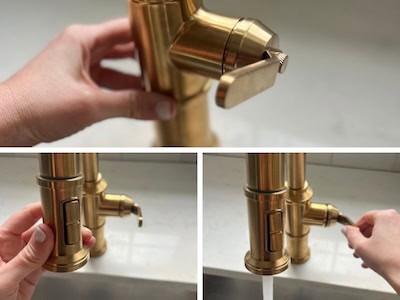 Close-up of brass faucet finishes showing different textures and colors.