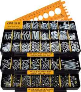 A 2251-piece hardware assortment kit featuring various bolts, nuts, washers, and screws organized in three tiers of compartments, with a measurement gauge tool visible at the top.